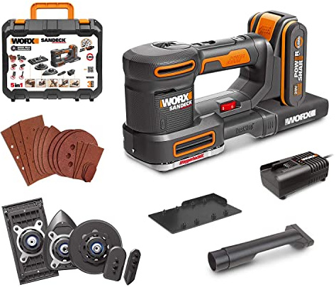 WORX WX820 Akku-Multischleifer 20V, inkl. 2Ah Akku & Ladegerät | 5-in-1 Funktionen: Exzenter-, Fein-, Detail-, Konturen-, und Fingerschleifer, Schleifen ohne Staub, variable Geschwindigkeit