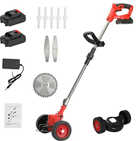 Elektrischer Rasenmäher, 24V 6000mAh Akku Versorgung Wiederaufladbar Teleskopstange D-förmiger Griff Unkrauttrimmer Schnurloser Elektrischer Unkrautvernichter Kantenschneider (Rot)