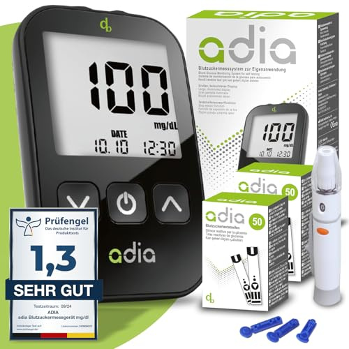 adia Blutzuckermessgerät (mg/dL Standard in DE) mit 110 Blutzuckerteststreifen, 10 Lanzetten, 1 Stechhilfe, 1 Etui - zur Selbstkontrolle des Blutzuckers