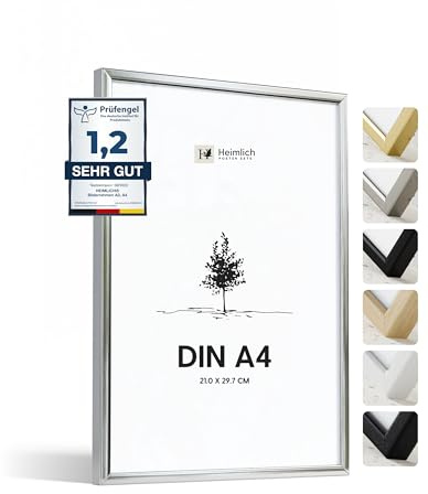 Heimlich® - Bilderrahmen - A4 21x30 cm, Aluminium Metall, Silber - Urkundenrahmen mit Kunststofffolienabdeckung - Wandmontage oder Tischaufsteller