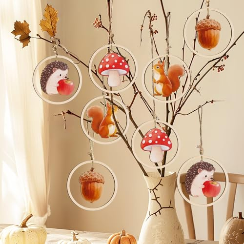 12er Herbst Dekoration Hängend Holz Anhänger, Lgel, Eichhörnchen, Tannenzapfen, Pilze und Juteseile, Doppelseitig Herbstdeko Innen Draußen zum Aufhängen, Bunte Herbstdeko Fenster, Deko Baumschmuck