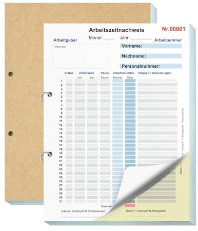 1 Buch Stundenbuch für Arbeit A4 Arbeitszeitnachweis Block für 31 Tage Stundennachweis Monatliche mit Rückenpappe Arbeitszeiterfassung Buch Stundenzettel für Minijob Vollzeit 2x50 Blatt Weiß Gelb