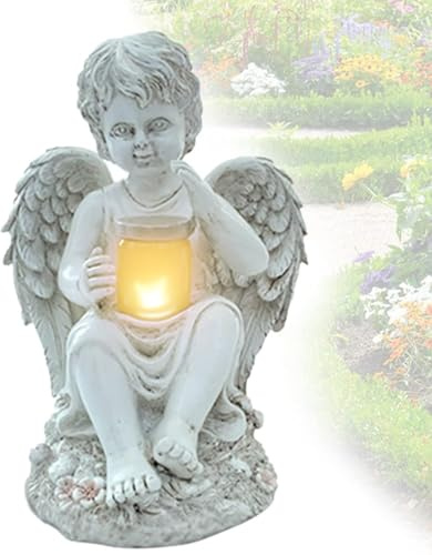 Tuzsocr Grabengel Gartenstatue mit Solar LED Licht, Grabschmuck | LED-Licht leuchtet automatisch bei Dunkelheit, wetterfest für Friedhof, Rasen und Terrasse, würdevolles Andenken
