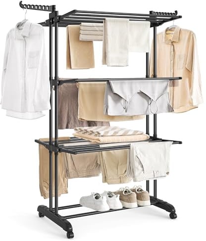 SONGMICS Wäscheständer, Standtrockner 4 Ebenen, Flügelwäscheständer, klappbare Flügel, mit Rollen, 63,5 x 128 x 173 cm, groß, einfacher Aufbau, tintenschwarz LLR701B01