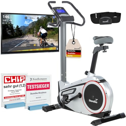 skandika Ergometer Morpheus | Heimtrainer für Zuhause, 12 kg Schwungmasse, 32 Widerstandsstufen, 24 Programme, App Kompatibel mit Kinomap, Pulsgurt, Tablethalterung | Indoor Fahrrad bis 150 kg