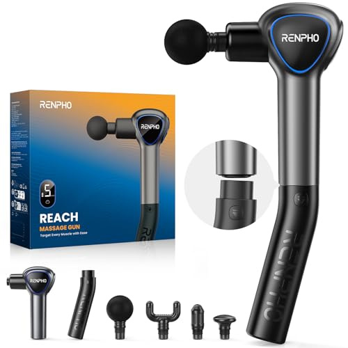 RENPHO Reach Massagepistole mit Verlängerungsgriff, für den Rücken, Schwarz | LED-Touchdisplay, 5 Geschwindigkeiten, 4 Aufsätzen, 2800 U/min Massagegerät für schwer erreichbare Körperstellen