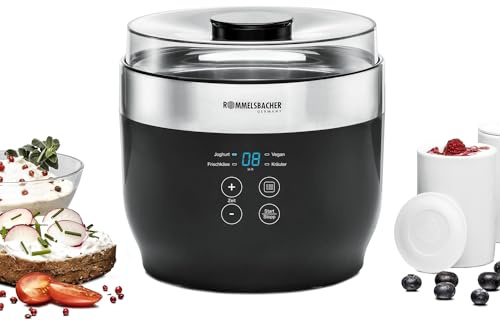ROMMELSBACHER Joghurt- und Frischkäsebereiter JG 80 Jona, inkl. 4 Keramik Portionsbecher à 125 ml, 2 XXL Glasbehälter à 1,2 Liter, 4 voreingestellte Programme mit unterschiedlichen Temperaturen