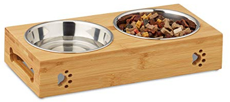 Relaxdays Futterbar für kleine Hunde, 2 Näpfe V je 300 ml, erhöht, Bambus & Edelstahl, HBT: 6,5x31,5x15 cm, Natur/Silber, 1 Stück 10028859