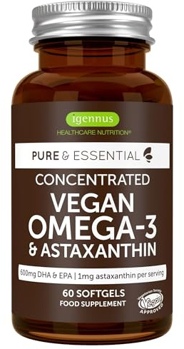 Igennus Hochwertigstes Omega-3 Algenöl & Astaxanthin, 60 Weichkapseln, Triglyceridform, 400mg DHA & 200mg EPA Omega-3 Fettsäuren, pflanzlich aus Mikroalgen, rein & nachhaltig, frei von Umweltgiften