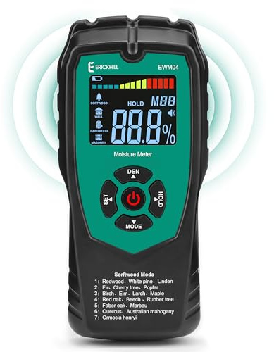 ERICKHILL Holzfeuchtemessgerät, nicht invasiv, mit 4 Modi, hintergrundbeleuchtetes LCD-Display, Feuchtigkeitsmessgerät für Holz und Baustoffe, Trockenbau