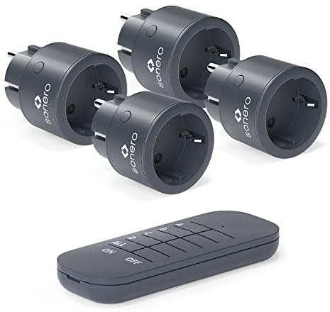 sonero ® Set mit 2300 Watt Funksteckdosen | 4 x Fernbedienungssteckdose | 1 x Fernbedienung | 1 x CR2032 Batterie, 3 V DC, anthrazit