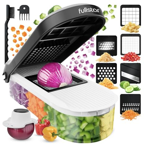 Fullstar Gemüseschneider und Mandoline Gemüsehobel - Julienne- und Würfelschneider für Gurken Zwiebeln Kartoffeln Früchte - Reibe für Gemüse Käse - Küchenzubehör Küchengeräte (6-in-1 Kompakt Weiß)