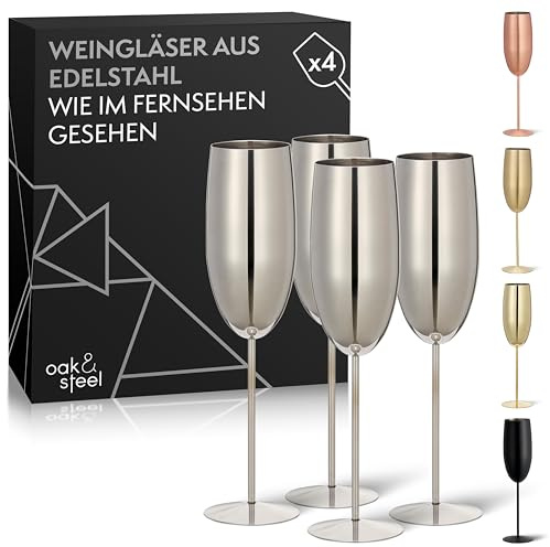Oak & Steel - 4 Edelstahl Sektgläser (285ml), Champagner & Prosecco Gläser - Silber - Robust & Unzerbrechlich - Geschenkset für Geburtstage & Weihnachten