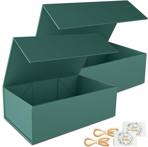 2 Pack Geschenkbox, 24x15x7.6cm Geschenkboxen für Presents with Lids Magnetic Closure Rectangle Collapsible for Groomsman Proposal Box, Christmas, Halloween, Birthday Gift Packging (Grün)