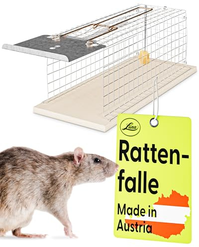 Luna® Rattenfalle lebend Made in Austria - Für Ratten & Siebenschläfer | Wiederverwendbare Lebendfalle aus Holz, 30×11 cm, mit Klemmschutz für den Rattenschwanz – Tierfreundlich & Sicher