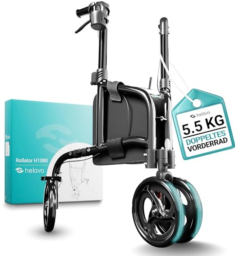 Helavo Aluminium Rollator mit 3 Rädern - Schmaler Dreiradrollator für Drinnen und Draußen - Inovatives Design mit doppelten Vorderrädern für mehr Stabilität - 5,5kg leicht
