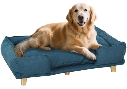 PawHut Hundesofa Hundecouch mit Rückenlehne, Holzbeine Hundebett mit Polyester Haustiersofa Katzensofa für große Hunde bis zu 30 kg und 60 cm Schulterhöhe, 96 x 66 x 24 cm Dunkelblau