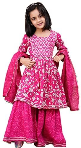 Aashita Creations Kurta Sharara Set mit Dupatta für Mädchen, Fest- und Partykleidung, Pink, 3-4 Jahre