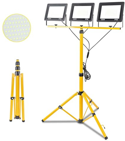 Fynokst 300W Led Baustrahler, 30000LM Superhelle Arbeitsleuchte mit Verstellbarer Stativ und 3m Kabel EU Stecker, Arbeitsscheinwerfer Wasserdicht IP66 für Garage Werkstatt Baustelle, Kaltweiß