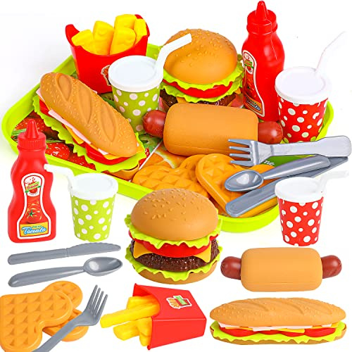 DERAYEE Küchenspielzeug,Lebensmittel Spielzeug,kinderküchen zubehör,Hamburger Set Rollenspiele Geschenk für Kinder ab 3 Jahre