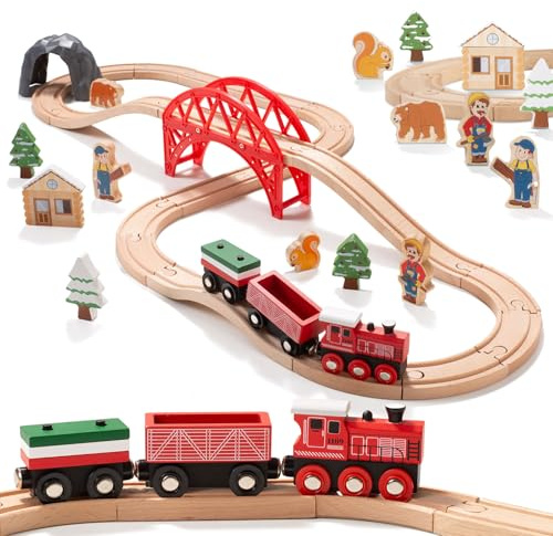 Giant bean Holzeisenbahn Set für Kleinkinder, 36 Pcs Wald Themen Holzeisenbahn Spielzeug, für Kinder, Jungen und Mädchen von 3–7 Jahren