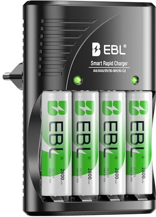 EBL Akku Ladegerät für AA AAA 9V Akku, Plug Charger mit 4x AA Akku 2800mAh, Universal Batterieladegerät, EBL C802 Akkuladegerät mit Akku Set