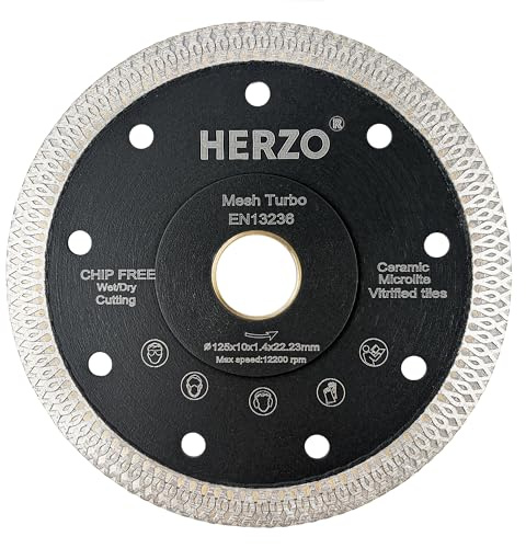 HERZO Diamanttrennscheiben 125mm x 22,23 mm, Fliesenscheibe, Trocken/Nass Diamantscheibe 125mm für Fliesen, Feinsteinzeug, Porzellan und Keramik