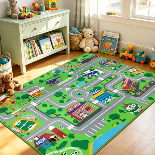 Capslpad Kinder Teppiche Spielteppich für Kinder Stadt 100x160 cm rutschfest Kinderteppich Spielmatte Maschinenwaschbar Kurzer Flor Pädagogischer Spielteppich für Kinderzimmer Spielzimmer Dekor