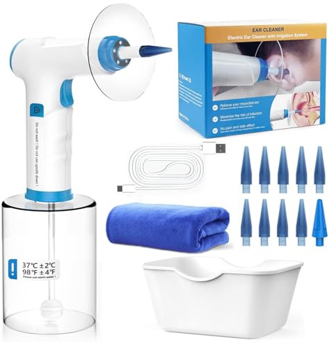 Ohrenschmalz Entferner, Elektrische Ohrenreinigungsset, 4 Reinigungsmodus Einstellungen, Wiederaufladbarer Ohrenreiniger, Sicherer, Effektiver Ohrenreiniger, Mit 9+1 Ohr Tipps und Wasser Fang Becken