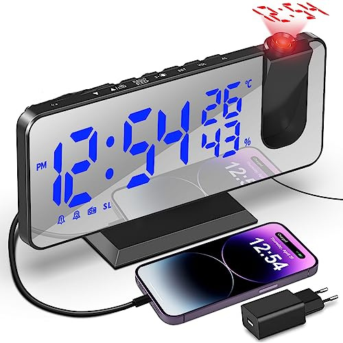 TAKRINK Projektionswecker mit USB-Anschluss Wecker Digital mit Projektion Dual-Alarm 12/24H Radiowecker LED-Anzeige 180° Projektor 4 Projektionshelligkeit projektion für Schlafzimmer(Blau)