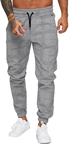Jogginghose Herren Trainingshose Loose Fit Sporthose Lang Sweatpants Kariert Freizeithose für Männer(Hellgrau,L)