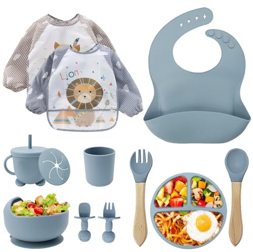 Baby Geschirrset,12er Set Kindergeschirr, Babylöffel,Trinklernbecher,Silikon Lätzchen,Baby Teller Kinderteller mit Saugnapf,Baby Led Weaning Besteck Set, BPA Frei,Spülmaschinen Und Mikrowellen Safe