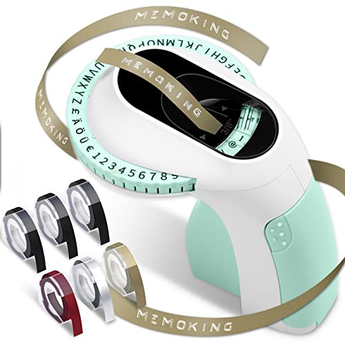 Memoking Etikettiergerät E975 Prägegerät mit 6 Rollen prägegerät Etiketten, 3D Handgerät Etikettenprägegerät mit Prägung, Tragbare Embossed Label Maker für Organisation, DIY (£/€, Ä, Ö, Ü)