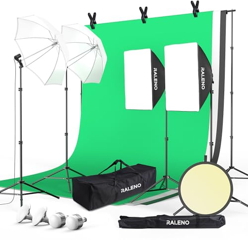 RALENO Fotostudio Set, 2,6m x 3m Hintergrund Stützsystem Greensreen Set, Softbox Studio Beleuchtungsset mit 5500K 97 CRI, 50W und 45W LED Lampen für Produkt Porträt Video Produktfotografie