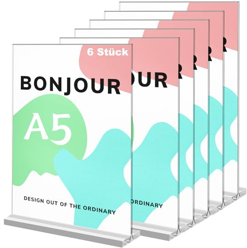 Yoosso 4 Stück Tischaufsteller Aufsteller A5 Acryl Aufsteller | Robustes Acryl, stabile Basis, beidseitige Anzeige, für Menü, Preisinfo und Werbung in Café, Restaurant und Büro