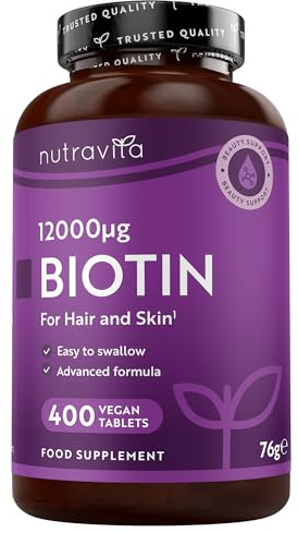 Nutravita Biotin Hochdosiert 12000mcg, Haar Vitamine - 400 Vegan Biotin Tabletten für 1+ Jahr Vorat, Vitamin B7 - Haut Haare Nägel (EFSA) - Haarvitamine für Frauen - Hair Vitamins