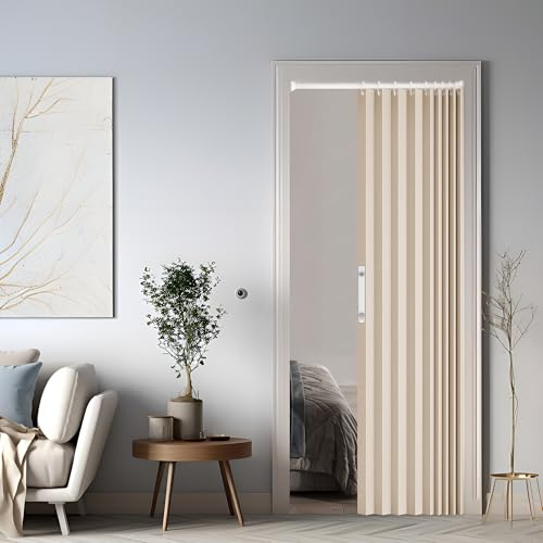 Magnetischer Türvorhang mit Verdunkelung, Faltbarer Raumteiler für Bad/Schlafzimmer/Wohnzimmer, Akkordeon-Design (Cream-Coloured)
