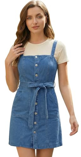 Allegra K Klassische Damen-Overallkleider, verstellbarer Riemen, Schürze, Denim-Jeanskleid, Blau, X-Groß