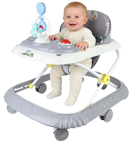 4 in 1 Drehspieß mit Tablett für musikalische Aktivitäten, 4 einstellbare Höhen, zusammenklappbarer Lauflernhilfe für Babys von 6 bis 18 Monaten, bis zu 9 kg (grau, 58 x 55 x 65 cm)