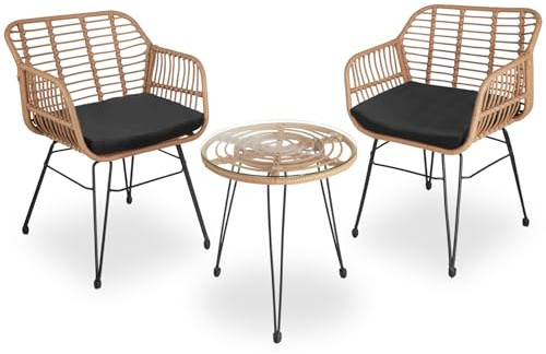 tectake® Outdoor Rattan Sitzgruppe, Möbel für 2 Personen, 3-TLG. Bistroset, Balkonmöbel, Gartenmöbel Set mit 2X Stühle + Tisch, kleine Lounge wetterfest für Garten Balkon Terrasse -Natur