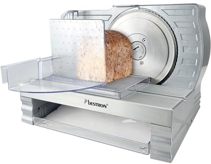 Bestron Brotschneidemaschine, mit RSG-Edelstahlklinge – Made in Germany, stufenlose Schnittstärkeneinstellung 0-20mm, Allesschneider mit Wechseltaste für Automatik- und Manuell-Betrieb, Farbe: Silber