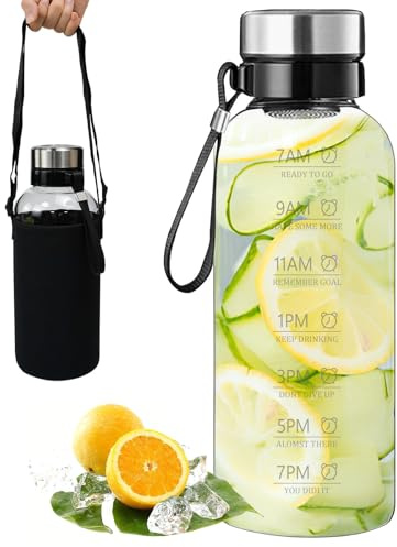 Zuxbolf 2L Glas Trinkflasche Glasflasche Glaswasserflaschen Wasserflasche mit Sieb Glas Sportflasche Glasflasche Flasche mit Flaschenbürste und Schutzhülle für Sport Fitnessstudio Fahrrad Laufen