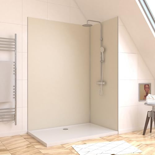 Marwell Urbanox Wandpaneel - fugenlose Aluverbundplatte als Duschrückwand & Küchenrückwand (Ivory, 120 x 210 cm inkl. Profil silber)