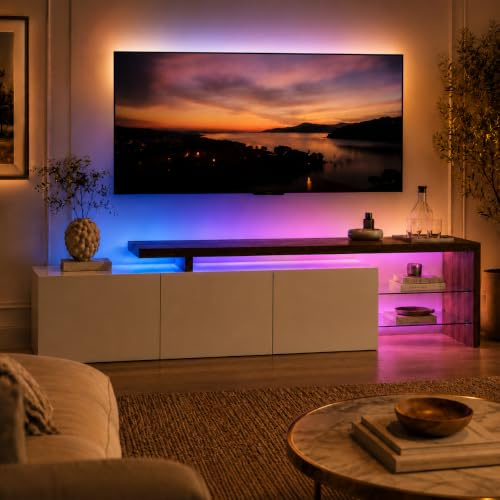 MGMYM TV-Schrank Lowboard 200 cm mit Beleuchtung, TV-Board, Fernsehtisch, Fernsehschrank mit 2 Glasböden und 3 Türen, Wohnzimmermöbel, Hochglanz weiß und Natur Holzmaserung, I-Schwarz-200x39x42cm