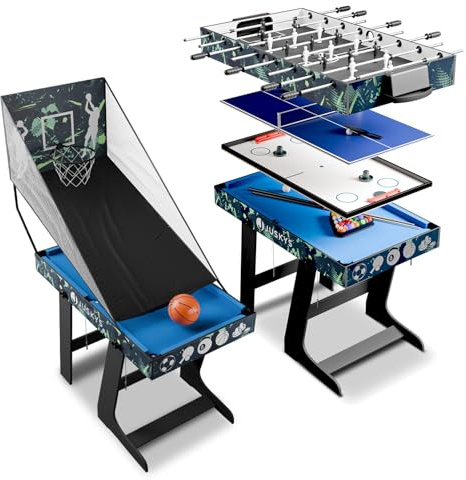 Juskys 5in1 Spieltisch Ballzauber - Kinder Tisch klappbar mit Tischtennisplatte, Tischkicker, Billardtisch, Hockey & Basketball - Multifunktionstisch