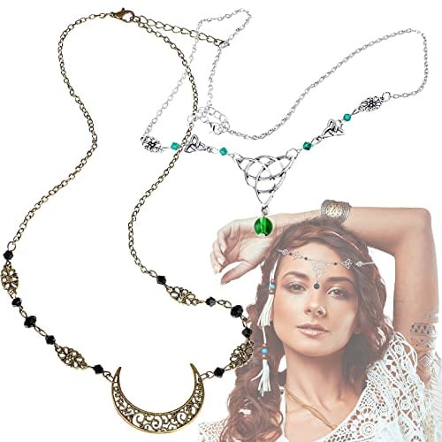 Zeaying 2 Stück Boho Kopf Kette, Vintage Strass Kopfkette, gold mond, Fee | Keltische Knoten Kopfkette Silber, Hexen Zubehör, Wahrsagerin Kopfschmuck für Damen Mädchen