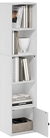 Furinno LUDER Bücherregal, 5-stöckiges modernes Bücherregal mit einem Schrankfach, Standregal, Ausstellungsregal, 23,6 x 30,5 x 132 cm, für Wohnzimmer, Schlafzimmer, Heimbüro, Weiß