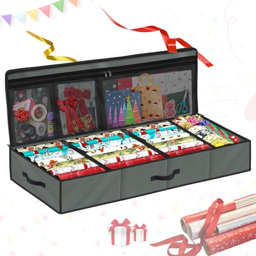 SIMPHAUS Geschenkpapier Organizer Aufbewahrung Geschenkpapierrollen Stabil | Geschenkpapier Aufbewahrungsbox Aufbewahrungstasche für Weihnachtsgeschenkpapier Reißverschluss 600D Oxford Grau 90x30x12cm