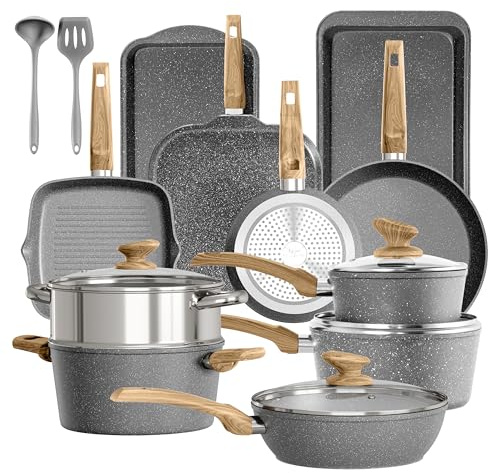 Kitchen Academy Topf und Pfannenset Topfset 17tlg Antihaft-Versiegelung | Induktions-Kochgeschirr-Set mit Glasdeckeln und Granitbeschichtung inkl. Pfannen und Töpfe Grau