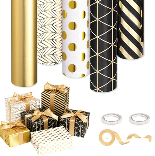 5 Rollen Geschenkpapier 43 cm × 3 m,Geschenkpapier Geburtstag, goldenes GeschenkpapierGold mit 1 Schleife und 2 Rollen Klebeband für Geburtstags-, Hochzeits- und Partygeschenkverpackung